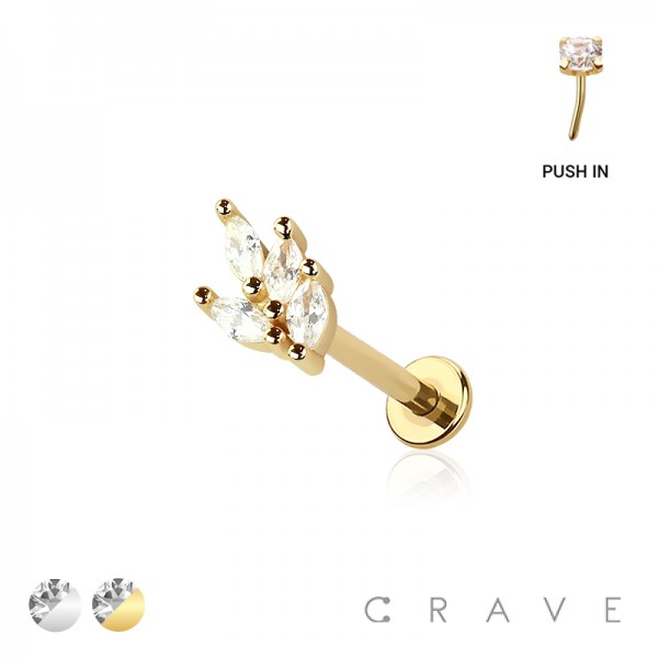 CZ LEAVES (OLIVE LEAF) THREADLESS (PUSH IN) 316L SURGICAL STEEL LABRET SET